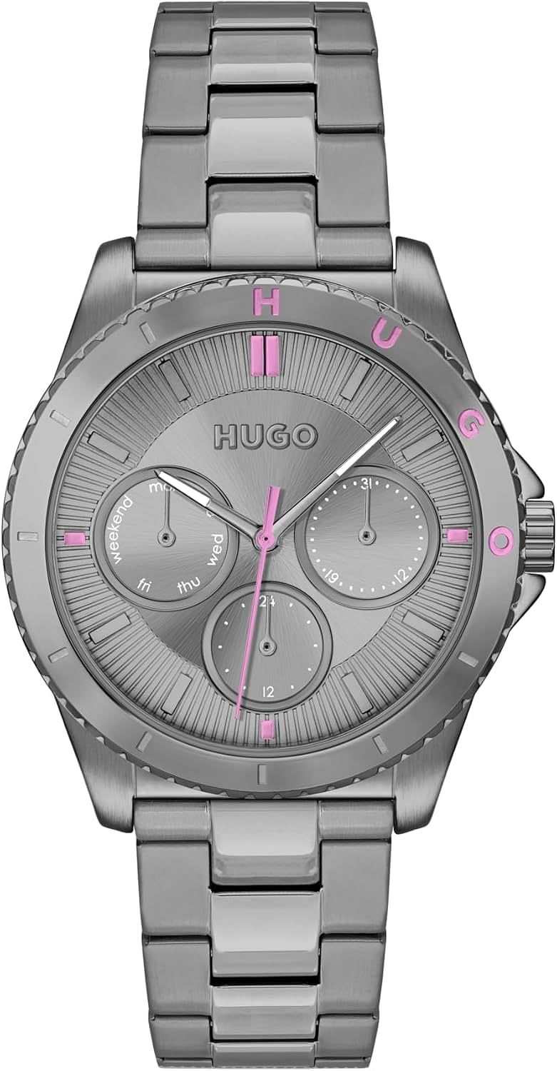 HUGO Women's #Dance Grey Ion-Plated Stainless Steel Case and Link Bracelet, Feminine Design Multifunction Watch Model (1540158)