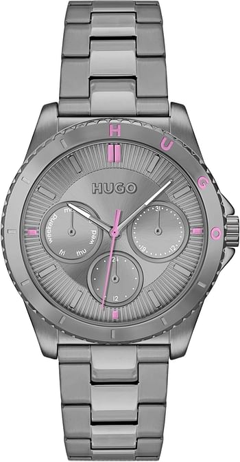 HUGO Women's #Dance Grey Ion-Plated Stainless Steel Case and Link Bracelet, Feminine Design Multifunction Watch Model (1540158)