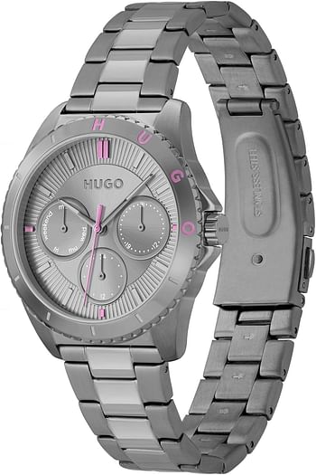 HUGO Women's #Dance Grey Ion-Plated Stainless Steel Case and Link Bracelet, Feminine Design Multifunction Watch Model (1540158)