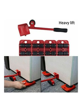 5 Piece Heavy Furniture Lifter Tool With Easy Wheel Move Red 34.00 x 9.50 x 9.50cm