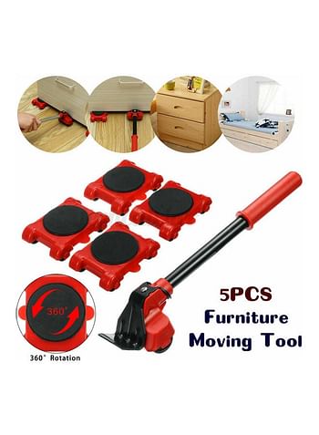 5 Piece Heavy Furniture Lifter Tool With Easy Wheel Move Red 34.00 x 9.50 x 9.50cm