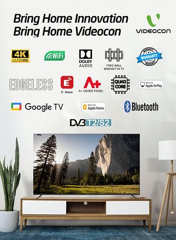 VIDEOCON 75" Edgeless 4K UHD Official Google TV With Hey Google Voice Remote, Bluetooth Dolby Audio And Free Wall Bracket- 2024 New Model E75ELGT1100 Black