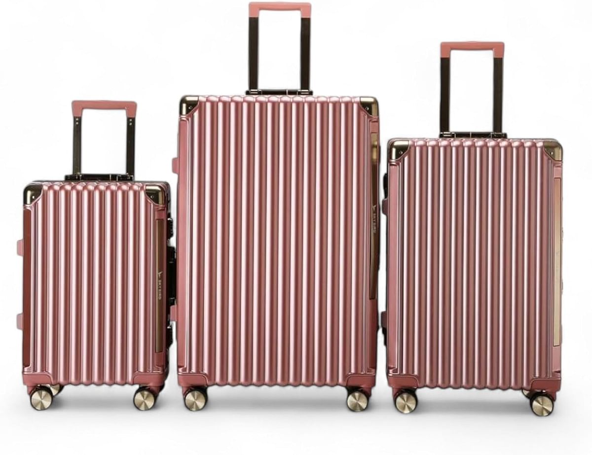 Luggage District Aluminum Frame Premium 3 Piece Trolley Set, Rose Gold