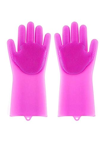 Generic 2-Piece Reusable Silicone Gloves With Wash Scrubber Rose Red 25x6inch