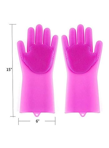 Generic 2-Piece Reusable Silicone Gloves With Wash Scrubber Rose Red 25x6inch