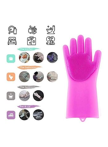 Generic 2-Piece Reusable Silicone Gloves With Wash Scrubber Rose Red 25x6inch