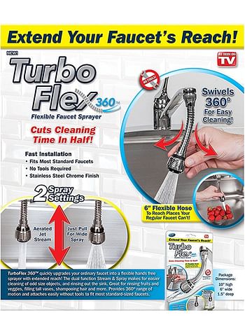 Turbo Flex 360 Instant Hands Free Faucet Swivel Spray Sink Hose Silver 6inch