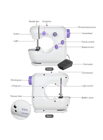 Mini Sewing Machine Multifunction Electric Micro-Sewing Machin eAdjustable 2-Speed Double Thread with Lights and Cutter Foot Pedal for Household Travel Beginner DIY Face Mask White 20.0x19.0x10.0cm