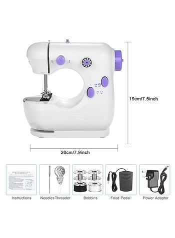 Mini Sewing Machine Multifunction Electric Micro-Sewing Machin eAdjustable 2-Speed Double Thread with Lights and Cutter Foot Pedal for Household Travel Beginner DIY Face Mask White 20.0x19.0x10.0cm