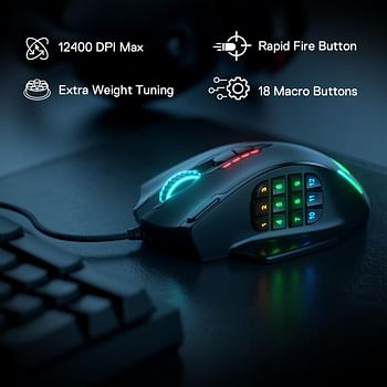 Redragon M908 Impact RGB LED MMO Mouse with Side Buttons Laser Wired Gaming Mouse with 12,400DPI, High Precision, 19 Programmable Mouse Buttons - Black.