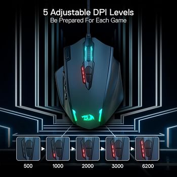 Redragon M908 Impact RGB LED MMO Mouse with Side Buttons Laser Wired Gaming Mouse with 12,400DPI, High Precision, 19 Programmable Mouse Buttons - Black.