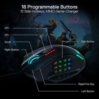 Redragon M908 Impact RGB LED MMO Mouse with Side Buttons Laser Wired Gaming Mouse with 12,400DPI, High Precision, 19 Programmable Mouse Buttons - Black.