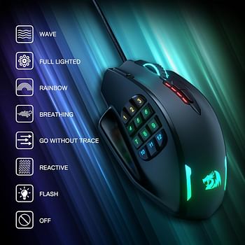 Redragon M908 Impact RGB LED MMO Mouse with Side Buttons Laser Wired Gaming Mouse with 12,400DPI, High Precision, 19 Programmable Mouse Buttons - Black.