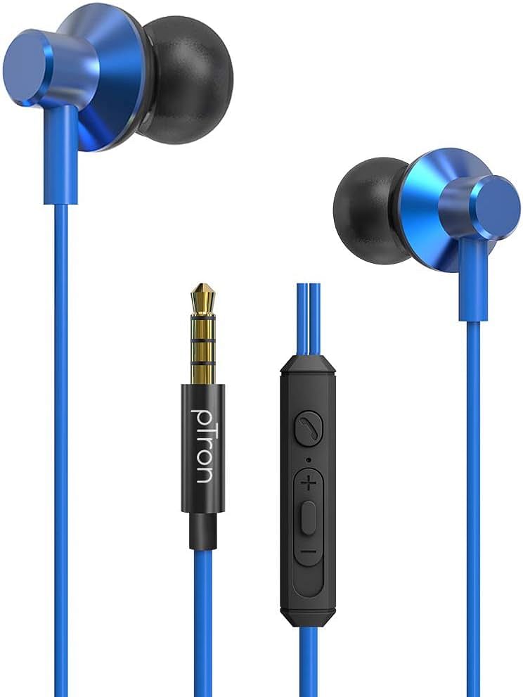 pTron Pride Lite HBE (High Bass Earphones) in Ear Wired Earphones with Mic 10mm Powerful Driver for Stereo Audio Noise Cancelling Headset with 1.2m Tangle-Free Cable 3.5mm Aux -Blue