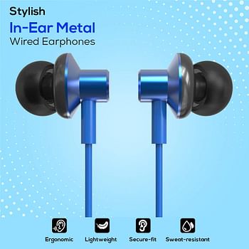 pTron Pride Lite HBE (High Bass Earphones) in Ear Wired Earphones with Mic 10mm Powerful Driver for Stereo Audio Noise Cancelling Headset with 1.2m Tangle-Free Cable 3.5mm Aux -Blue