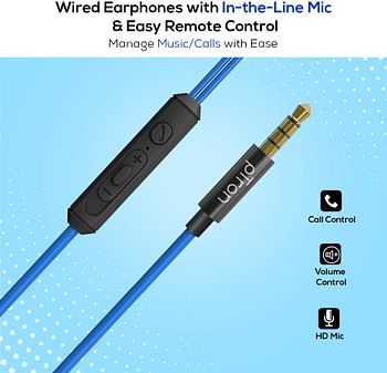 pTron Pride Lite HBE (High Bass Earphones) in Ear Wired Earphones with Mic 10mm Powerful Driver for Stereo Audio Noise Cancelling Headset with 1.2m Tangle-Free Cable 3.5mm Aux -Blue