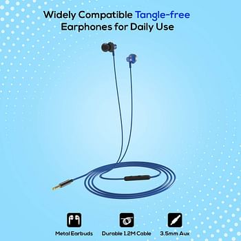 pTron Pride Lite HBE (High Bass Earphones) in Ear Wired Earphones with Mic 10mm Powerful Driver for Stereo Audio Noise Cancelling Headset with 1.2m Tangle-Free Cable 3.5mm Aux -Blue