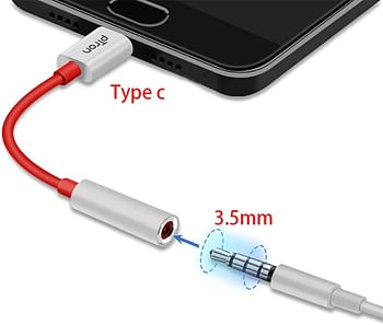 PTron Solero C1 USB Type C to 3.5mm Jack Headphones Audio Connector Compatible with Audio Adapter Accessory Mode USB Type C Port Devices Xiaomi OnePlus Nord /8T/8/7T/7/7 Pro/1+6/1+6T - White/Red