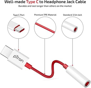 PTron Solero C1 USB Type C to 3.5mm Jack Headphones Audio Connector Compatible with Audio Adapter Accessory Mode USB Type C Port Devices Xiaomi OnePlus Nord /8T/8/7T/7/7 Pro/1+6/1+6T - White/Red