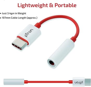 PTron Solero C1 USB Type C to 3.5mm Jack Headphones Audio Connector Compatible with Audio Adapter Accessory Mode USB Type C Port Devices Xiaomi OnePlus Nord /8T/8/7T/7/7 Pro/1+6/1+6T - White/Red