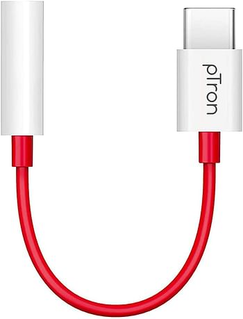 PTron Solero C1 USB Type C to 3.5mm Jack Headphones Audio Connector Compatible with Audio Adapter Accessory Mode USB Type C Port Devices Xiaomi OnePlus Nord /8T/8/7T/7/7 Pro/1+6/1+6T - White/Red