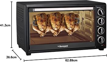 Bompani Electric Oven - 65L With Grill, 60 min Timer, 4 knobs, 100-250°C Temp Control, Non - Stick Chamber and Stainless Steel Heating Element  - BEO65