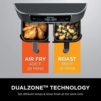 Ninja DZ201 Foodi 8 Quart 6-in-1 DualZone 2-Basket Air Fryer with 2 Independent Frying Baskets, Match Cook & Smart Finish to Roast, Broil, Dehydrate & More for Quick, Easy Meals, Grey