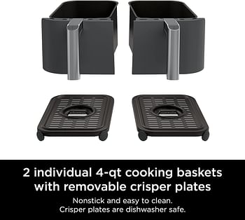 Ninja DZ201 Foodi 8 Quart 6-in-1 DualZone 2-Basket Air Fryer with 2 Independent Frying Baskets, Match Cook & Smart Finish to Roast, Broil, Dehydrate & More for Quick, Easy Meals, Grey