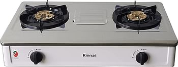 Rinnai 2 Burner Table Top Gas Stove, Full Safety Cooktop with Brass Pan Support for Heavy & Large Pots, Cooker with Stainless Steel Body, Detachable Top for Easy Cleaning, Made in Vietnam, RVE274HWS