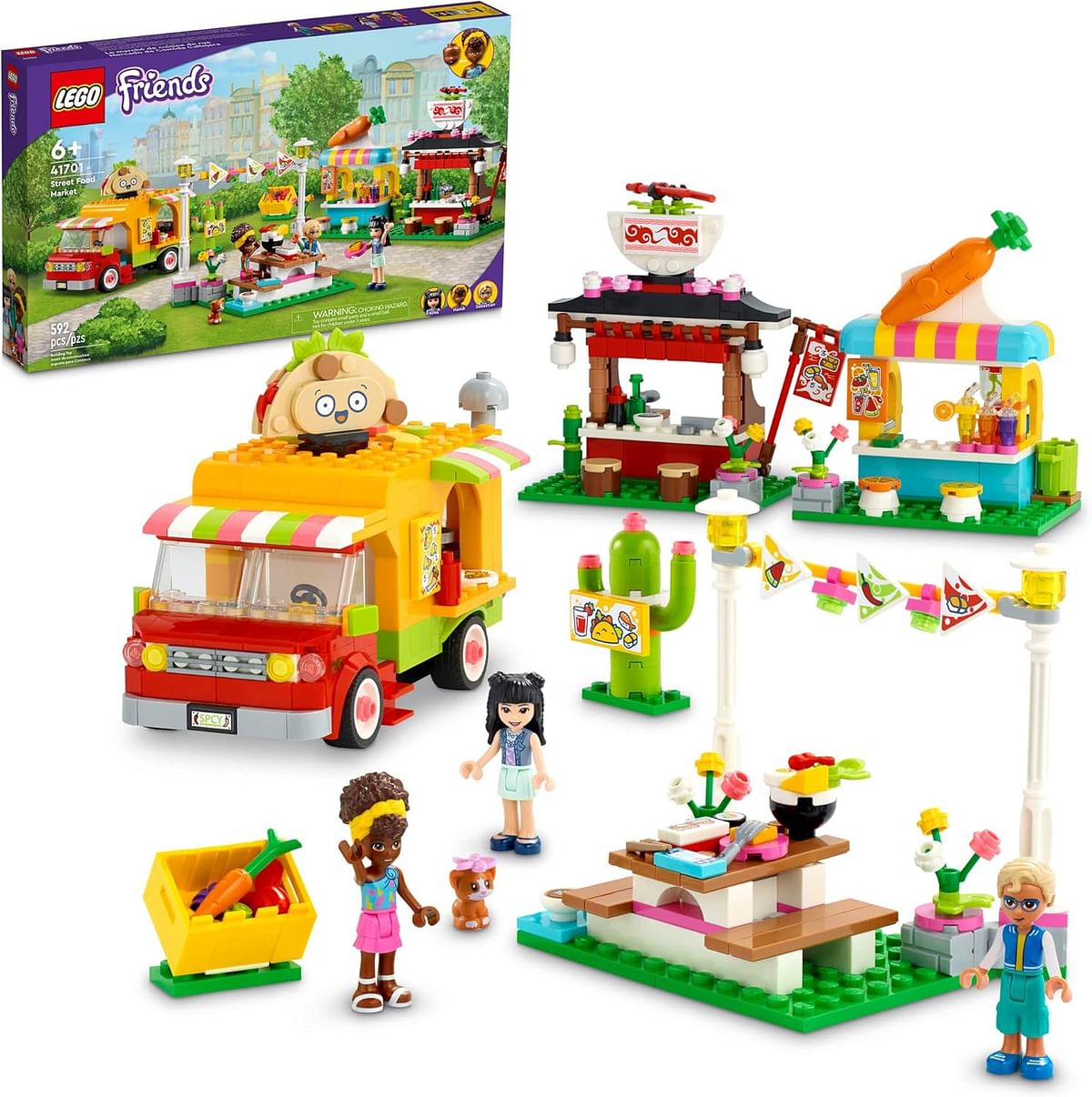 LEGO Friends Street Food Market 41701 New Food-Play Building Kit Promotes Imaginative Play Includes Emma and Kitten Toy Birthday Gift for Kids Aged 6+ (592 Pieces)