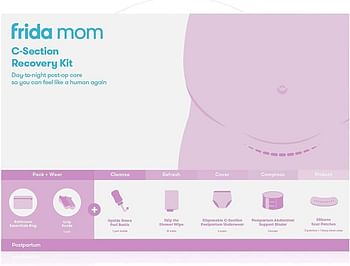 Frida Mom C-Section Recovery Kit for Labor, Delivery, & Postpartum| Socks, Peri Bottle, Disposable Underwear, Abdominal Support Binder, Shower Wipes, Silicone Scar Patches, Toiletry Bag, 1.0 Count