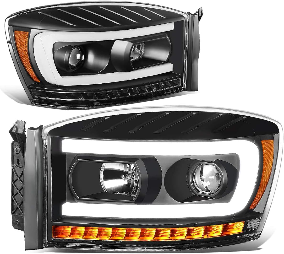 DNA MOTORING HL-HPL-RM06-G-BK-AM Black LED DRL Sequential Chasing Signal Projector Headlights Compatible with 06-09 Ram