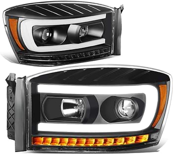 DNA MOTORING HL-HPL-RM06-G-BK-AM Black LED DRL Sequential Chasing Signal Projector Headlights Compatible with 06-09 Ram