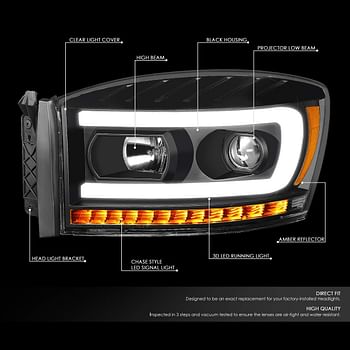 DNA MOTORING HL-HPL-RM06-G-BK-AM Black LED DRL Sequential Chasing Signal Projector Headlights Compatible with 06-09 Ram