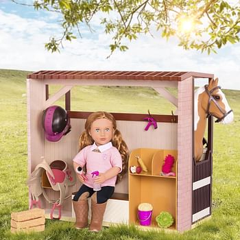 Our Generation Acres of Adventure Horse Barn – Horse Stable Playset for 18-inch Fashion Dolls – 14 Piece Horse Themes Accessory Set