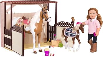 Our Generation Acres of Adventure Horse Barn – Horse Stable Playset for 18-inch Fashion Dolls – 14 Piece Horse Themes Accessory Set