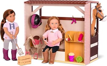 Our Generation Acres of Adventure Horse Barn – Horse Stable Playset for 18-inch Fashion Dolls – 14 Piece Horse Themes Accessory Set