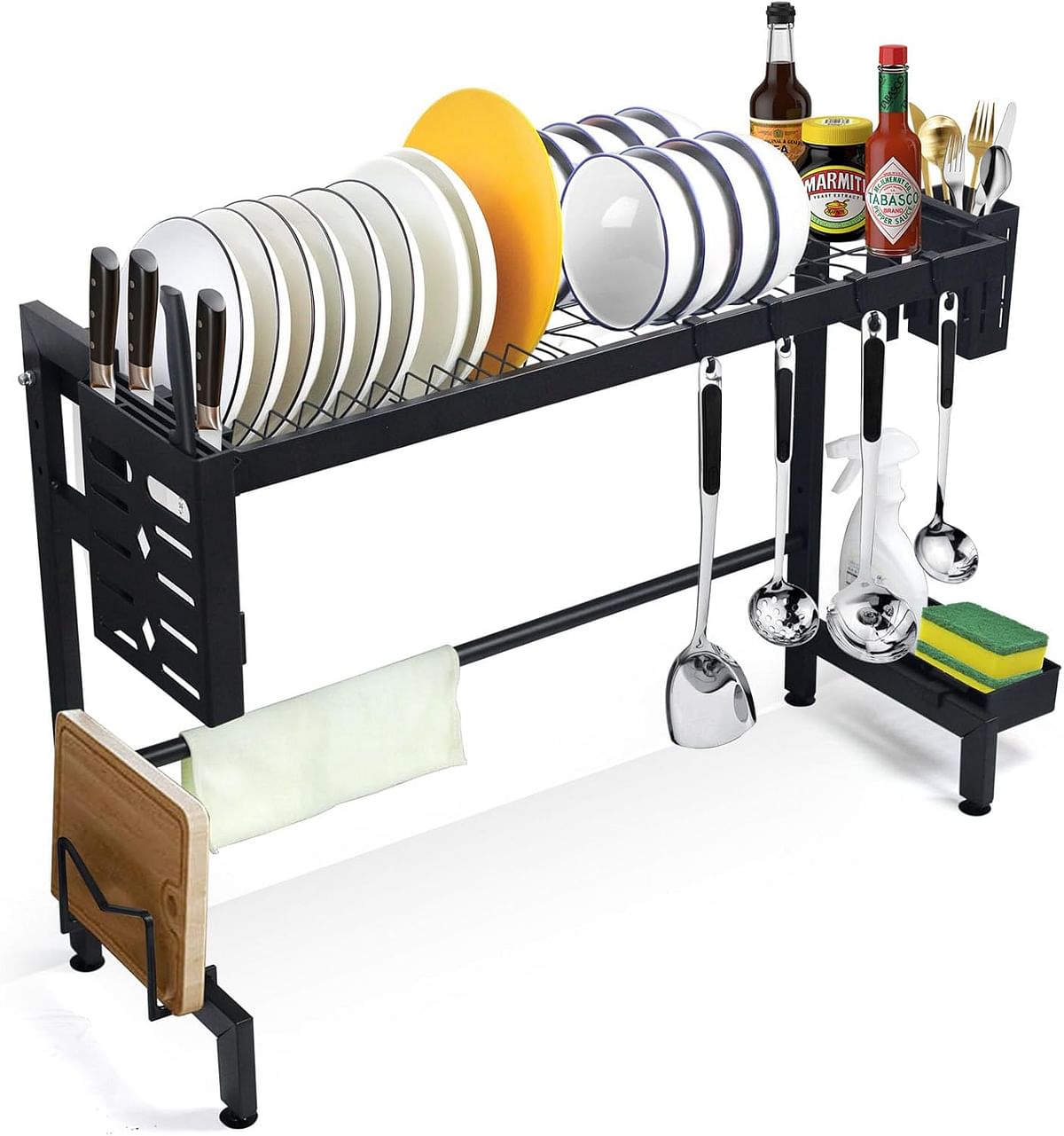 SKY-TOUCH Dish Drainer Rack | Over The Sink Dish Drying Rack | 2 Tier Dish Rack | with Metal Hook |Utensil Sponge Holder Caddy｜Large capacity and space saving(24.8"-29.5") Black