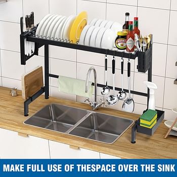 SKY-TOUCH Dish Drainer Rack | Over The Sink Dish Drying Rack | 2 Tier Dish Rack | with Metal Hook |Utensil Sponge Holder Caddy｜Large capacity and space saving(24.8"-29.5") Black