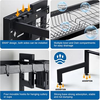 SKY-TOUCH Dish Drainer Rack | Over The Sink Dish Drying Rack | 2 Tier Dish Rack | with Metal Hook |Utensil Sponge Holder Caddy｜Large capacity and space saving(24.8"-29.5") Black