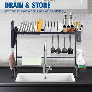 SKY-TOUCH Dish Drainer Rack | Over The Sink Dish Drying Rack | 2 Tier Dish Rack | with Metal Hook |Utensil Sponge Holder Caddy｜Large capacity and space saving(24.8"-29.5") Black