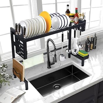 SKY-TOUCH Dish Drainer Rack | Over The Sink Dish Drying Rack | 2 Tier Dish Rack | with Metal Hook |Utensil Sponge Holder Caddy｜Large capacity and space saving(24.8"-29.5") Black