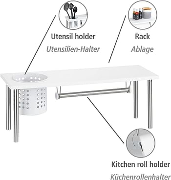 WENKO Blanco Kitchen Shelf, MDF, Kitchen Roll & Utensil Holder, Home Food Storage Rack, Additional Organization Space, 55x21x18cm - White