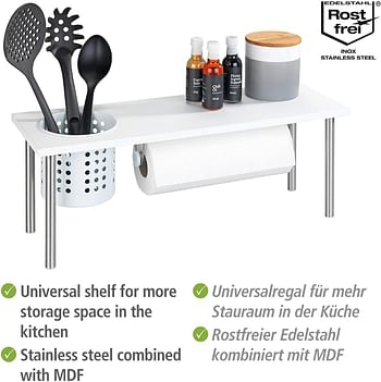 WENKO Blanco Kitchen Shelf, MDF, Kitchen Roll & Utensil Holder, Home Food Storage Rack, Additional Organization Space, 55x21x18cm - White