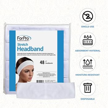 ForPro Professional Collection Stretch Headbands - Moisture Absorbent Disposable Spa Headbands - 2.25” W x 18” C - 48-Count