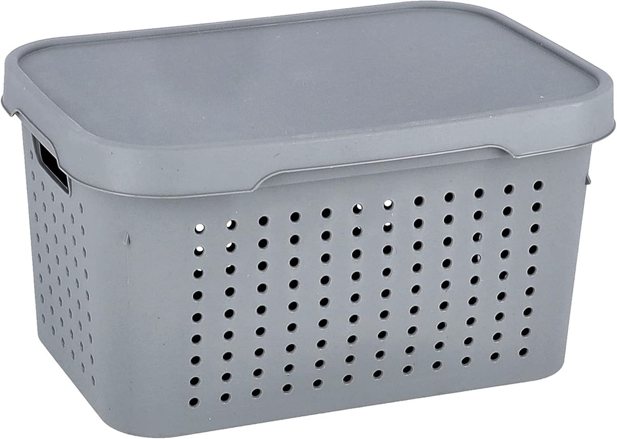 Royalford 5L Premier Storage Basket- RF11279 Multi-Purpose Utility Basket with Handles and Lid Large Space Perfect for Storing Things Pantry Items, Craft Supplies, etc Grey