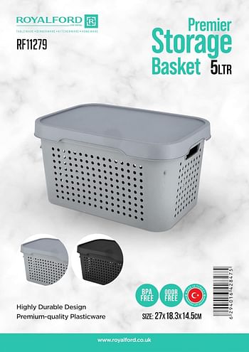 Royalford 5L Premier Storage Basket- RF11279 Multi-Purpose Utility Basket with Handles and Lid Large Space Perfect for Storing Things Pantry Items, Craft Supplies, etc Grey