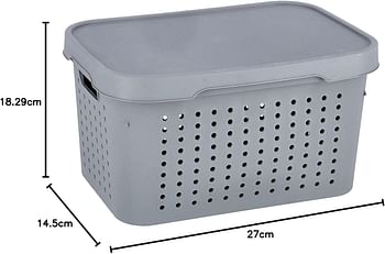 Royalford 5L Premier Storage Basket- RF11279 Multi-Purpose Utility Basket with Handles and Lid Large Space Perfect for Storing Things Pantry Items, Craft Supplies, etc Grey