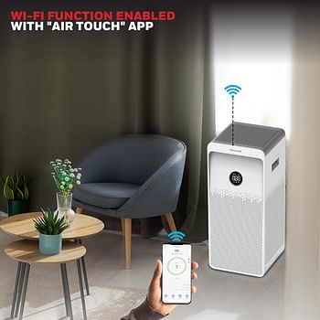 جهاز تنقية الهواء الداخلي Honeywell Air touch U1 معتمد من ESMA. مضاد للبكتيريا، فلتر HEPA H13، فلتر كربون نشط، يزيل 99.99% من الملوثات والمواد المسببة للحساسية الدقيقة، مصباح LED بالأشعة فوق البنفسجية، واي فاي، تغطية 1085 قدم مربع