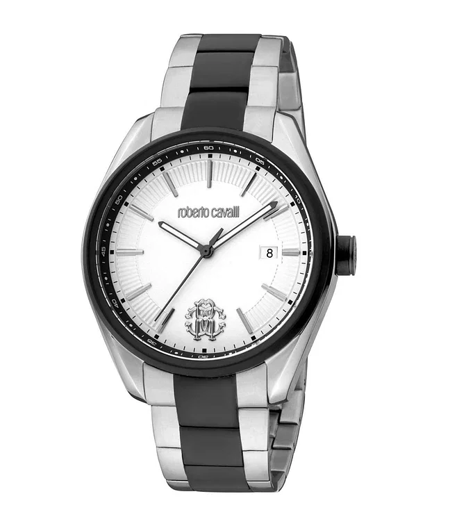 Roberto Cavalli Men Stainless Steel Straps Analogue Watch Silver Dial, Steel and Black bracelet 42MM - RC5G012M007